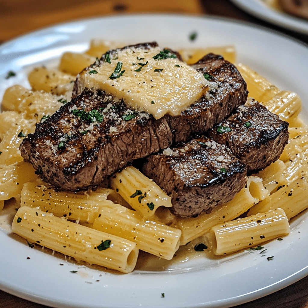 Garlic Butter Steak with Creamy Parmesan Rigatoni Recipe - Snack Escape